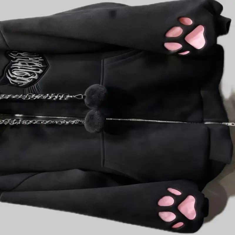 New Velvet Cute Cat Ear Women Hoodie Cat Claw Long Sleeve Coat Black Cat Punk Rock Men and Women Jackets