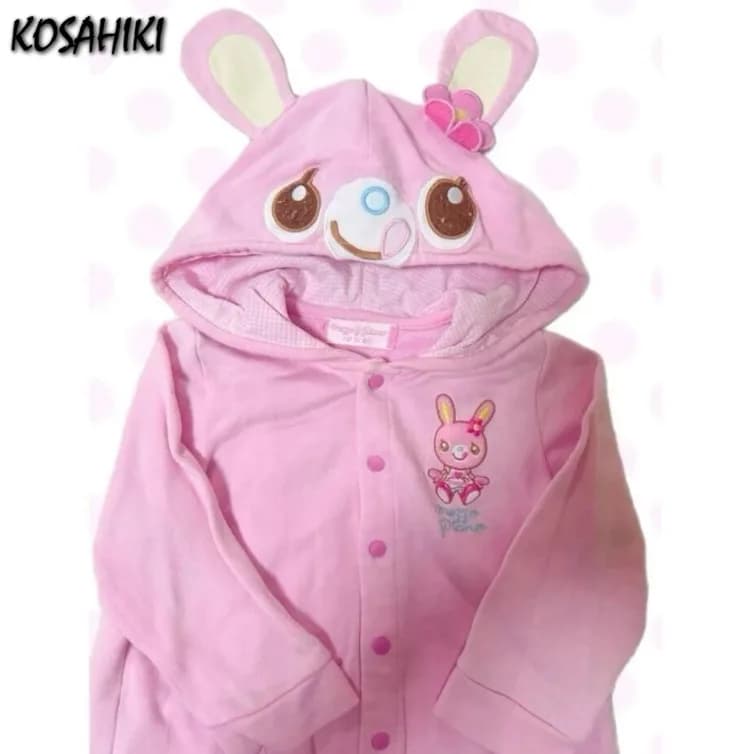 Japanese Kawaii Cartoon Embroidery Pink Hoodies Women Cute Rabbit Ears Hooded Sweatshirt Y2k Aesthetic Harajuku Hoody Jacket