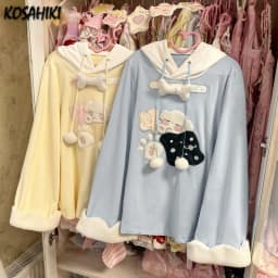 2026 Japanese Cartoon Embroidery Hoodies Tops Women Autumn Harajuku Drawstring Pullovers Patchwork Kawaii Cute Casual Sweatshirt