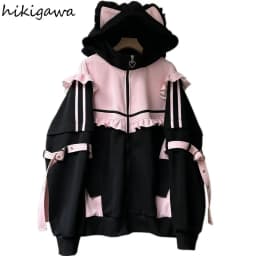 Japanese Hoodies Jackets Y2k Tops Streetwear Fashion Outwear Hooded Zipper Ruffles Sweatshirts Coat Contrast Color Casual Hoodie