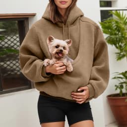 Dog Bag Pet Pocket Loose Hoodies Women Autumn And Winter Casual Fleece Solid Color Pet Pocket Hooded Sweatshirt Pullover Tops