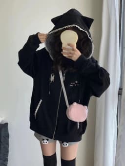 Japanese Cartoon Embroidery Hoodies Women Harajuku Vintage Zipper Plaid Patchwork Sweatshirt Preppy Pocket Y2k Aesthetic Hoody