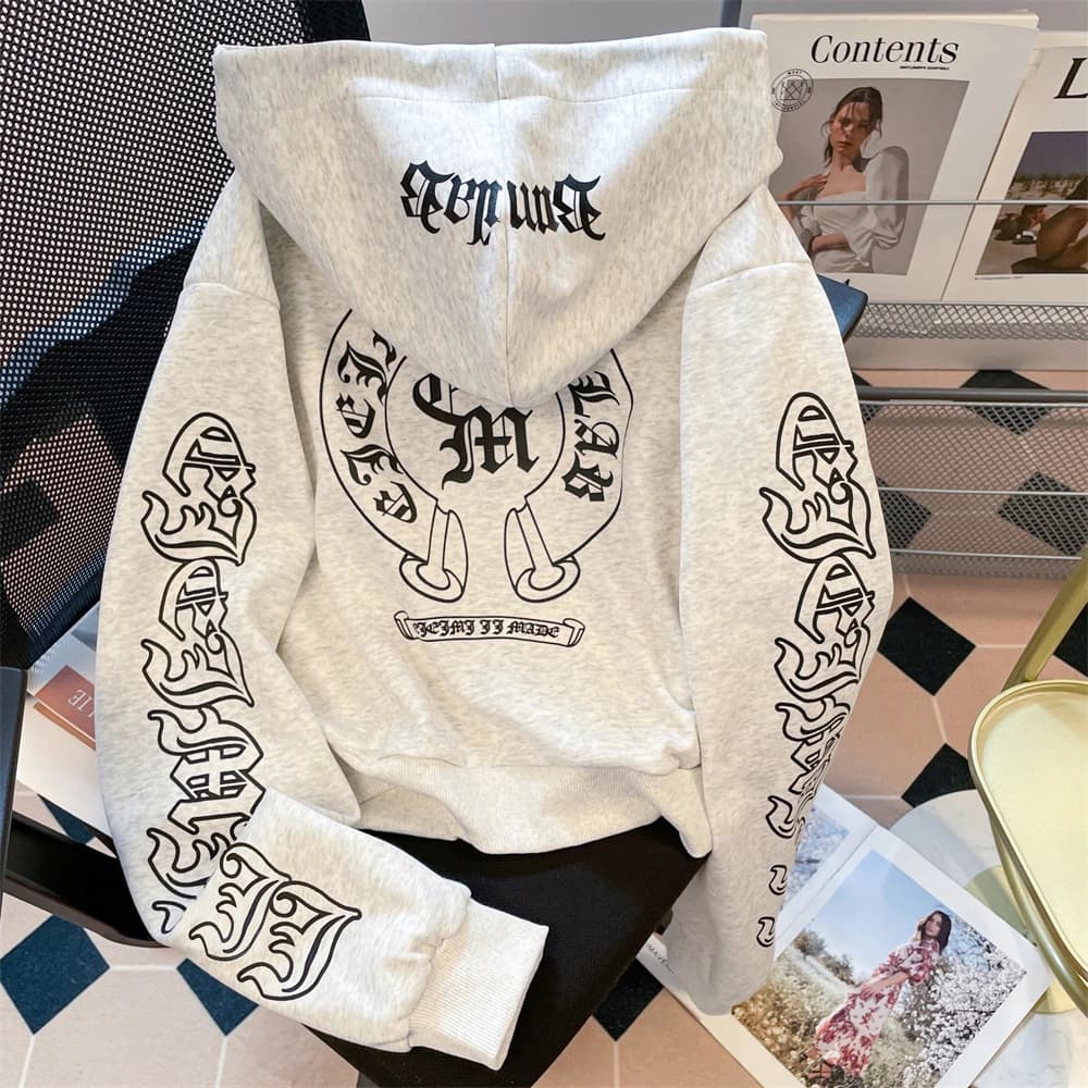 Street Style Gothic Letter Print Short Cardigan Sweatshirt Women's Autumn Retro Spicy Long Sleeve Top Coat Korean Version