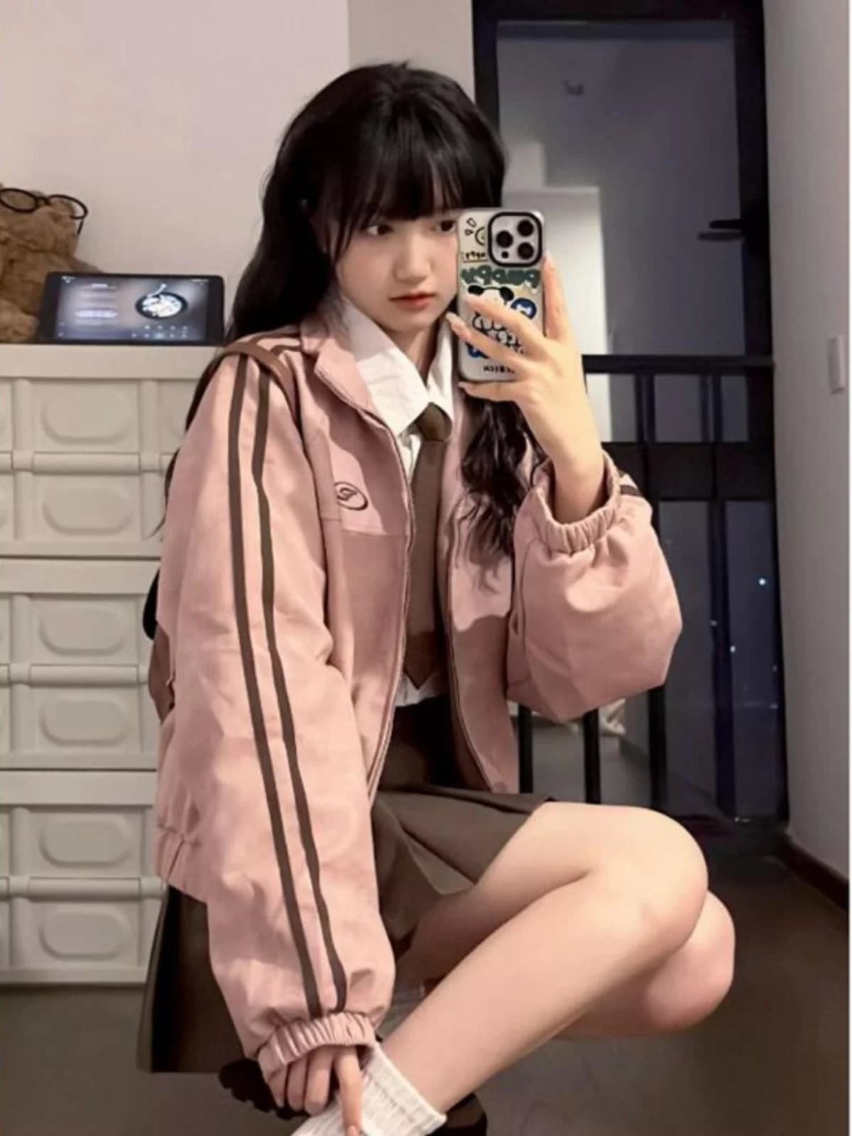 Short Suede Jacket Double Zipper Loose American Retro Jacket for High School Students Pink Autumn Winter Girls Outerwear