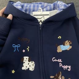 Classics Sweet Cute Cartoon Puppy Embroidery Zip Up Hoodie Women Jacket Thickened Fleece Lined Loose Casual Sweatshirt for Women
