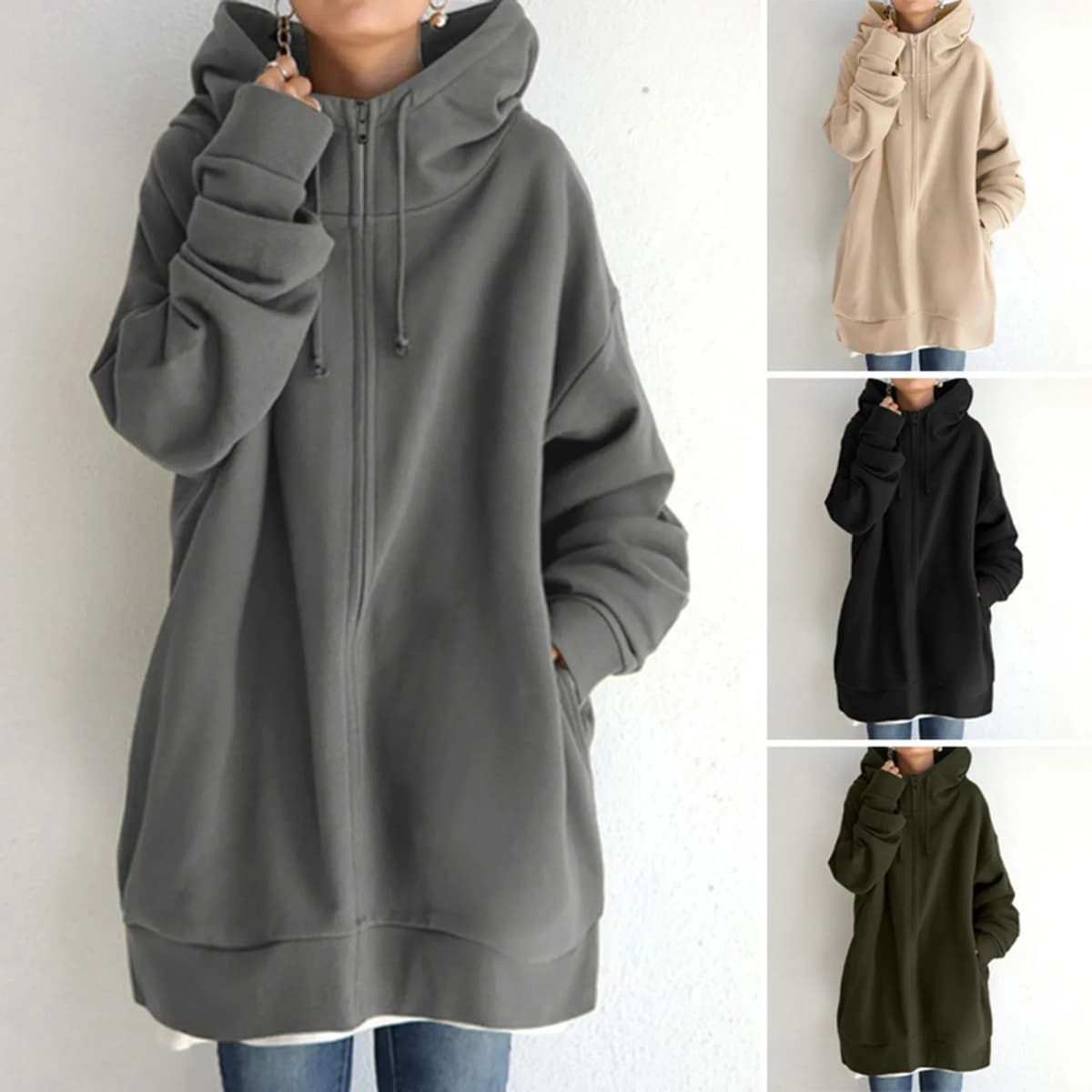 Slouchy Y2k Thicken Sweatshirt Women's Mid Length Solid Color Oversized Hoodies With Pockets Winter Large Size Hooded Jacket 5XL