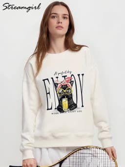 Streamgirl Crewneck Cat Printed Sweatshirts For Women Oversized Trendy Cotton Tops Women Pink Comfort Colors Sweatshirt Plain