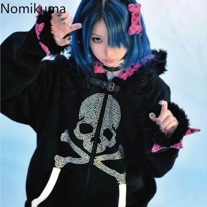 Gothic Y2K Hoodied Jackets Women Harajuku Fashion Hooded Coats Skull Thicked Casual Black Tops Winter Sweatshirts Punk Hoodie