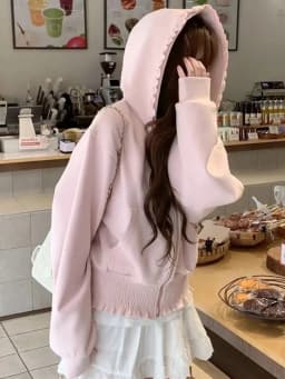 Sweet Kawaii Pink Hoodies Women Long Sleeve Elegant Ruffles Cute Sweatshirts Japan Casual Pockets Preppy Style Lady Vintage Tops