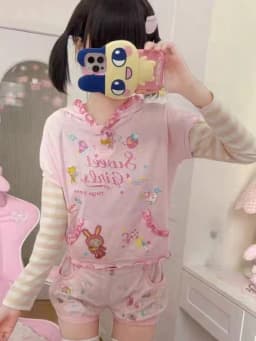 Japanese Kawaii Fungus Edge Fashion Hoodies Y2k Aesthetic Sweet Spliced Striped Long Sleeve Fake Two Piece Punk Print Clothes