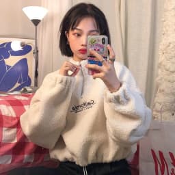 Lamb Velvet Fleece Lined Thickened Short Half High Collar Sweatshirt Women's Loose Korean Style Autumn Winter Zipper Top Tren...