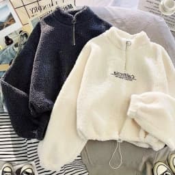 Lamb Velvet Fleece Lined Thickened Short Half High Collar Sweatshirt Women's Loose Korean Style Autumn Winter Zipper Top Tren...