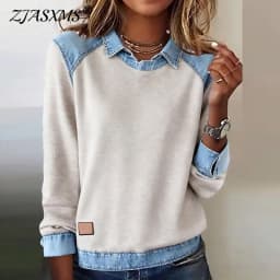 Harajuku Fashion Contrast Denim Woman Sweatshirts Elegant Shirt Collar Patchwork Top Pullovers Autumn Long Sleeve T-shirt Hoodie
