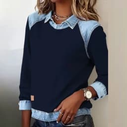Harajuku Fashion Contrast Denim Woman Sweatshirts Elegant Shirt Collar Patchwork Top Pullovers Autumn Long Sleeve T-shirt Hoodie
