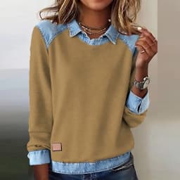 Harajuku Fashion Contrast Denim Woman Sweatshirts Elegant Shirt Collar Patchwork Top Pullovers Autumn Long Sleeve T-shirt Hoodie