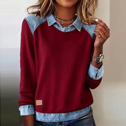 Harajuku Fashion Contrast Denim Woman Sweatshirts Elegant Shirt Collar Patchwork Top Pullovers Autumn Long Sleeve T-shirt Hoodie