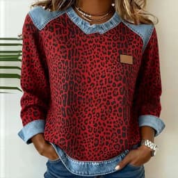 Harajuku Fashion Contrast Denim Woman Sweatshirts Elegant Shirt Collar Patchwork Top Pullovers Autumn Long Sleeve T-shirt Hoodie