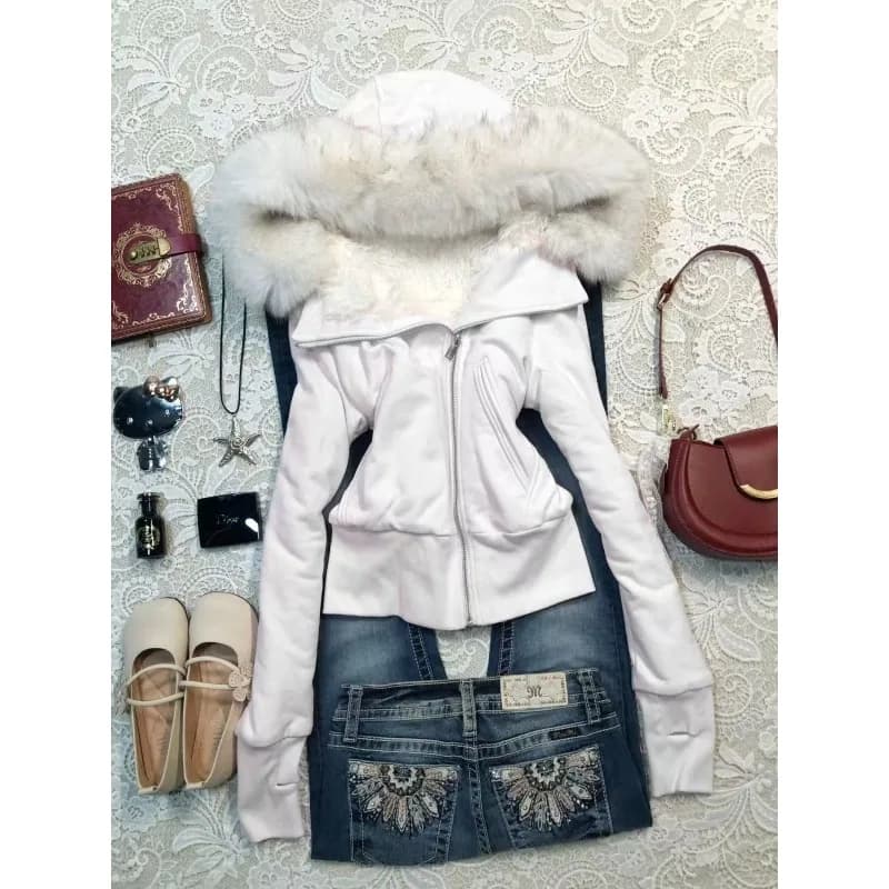 White Hoodie 2000s Cute Clothes Spicy Girls Streetwear High Street Classic Minimalist Unique Casual Jacket Faux Fur Collar Hoody