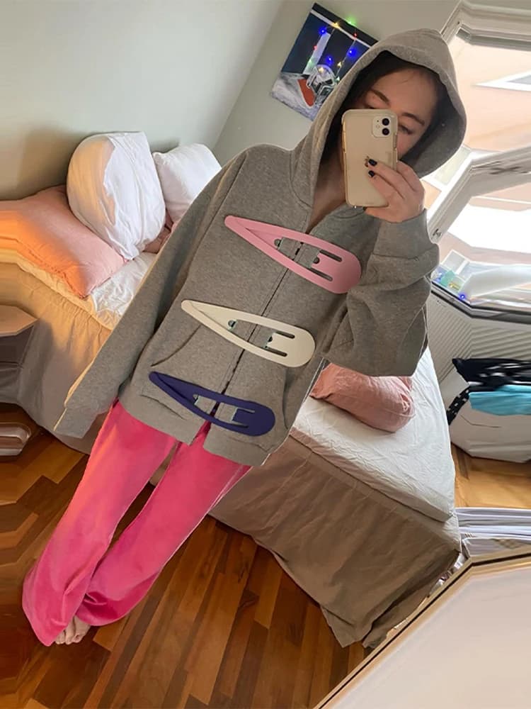 Fashion Grey Hoodie Jacket With Blue Pin For Women Y2k Casual Long Sleeve Pocket Coat Lady 2026 Spring Chic Street Outerwear