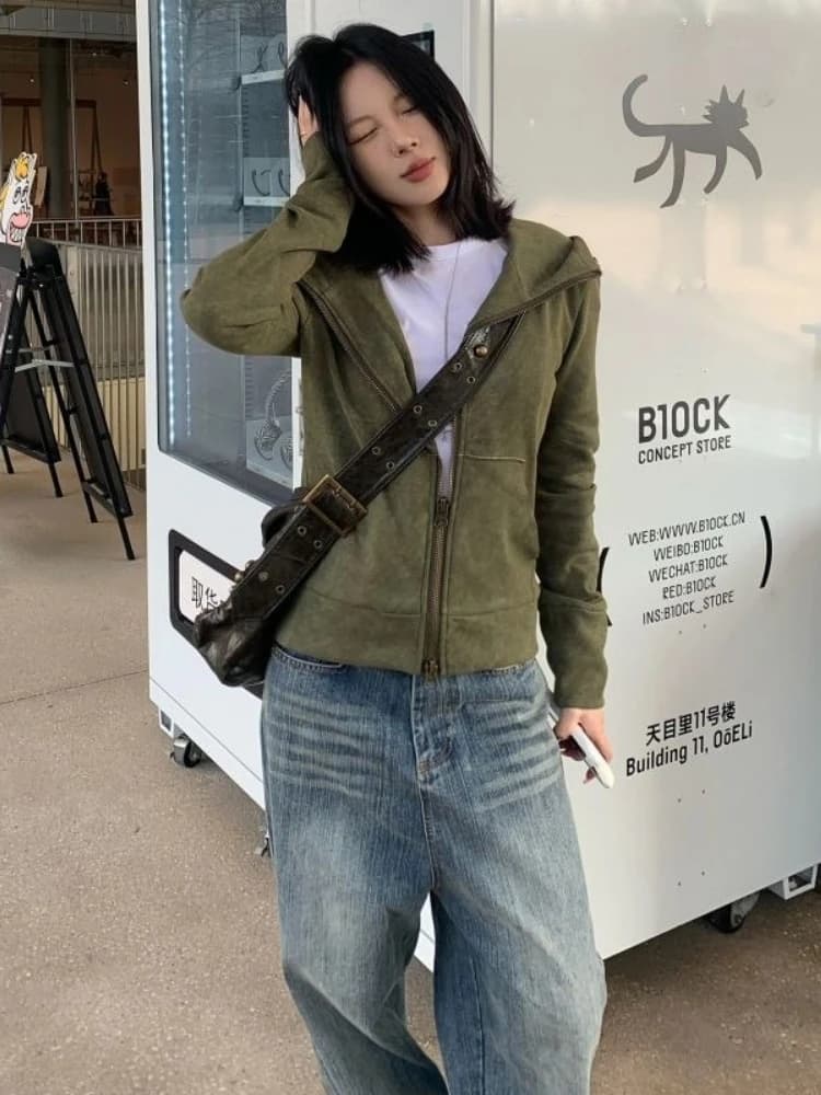 Streetwear Vintage Green Harajuku Hoodies Women Preppy Style Casual Loose Hoody Y2k Aesthetic Grunge Zipper Sweatshirt Tops
