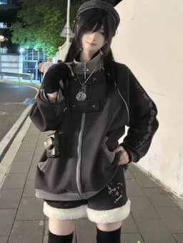 Deep Grey Subculture Hoodie Jacket Loose Fit Cute Lightweight Japanese Style Long Sleeve Cotton Sweatshirt for Women