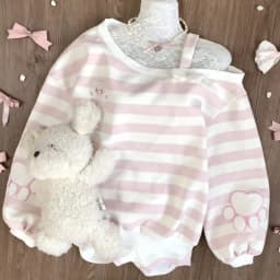 HOUZHOU Kawaii Pink Striped Sweatshirts Women Cutecore Off Shoulder Long Sleeve Pullovers Sweet Japanese Style Loose Casual