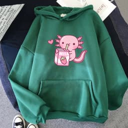 Anime Axolotl Loves Strawberry Milk Doodle Hoodie Kawaii Hoodies Winter Women Spring/Autumn Unisex Sweatshirt Harajuku Sudaderas