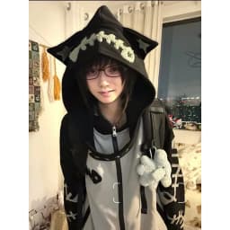 Subculture Halloween Hoodie Women Patchwork Fishbone Print Long Sleeve Sweatshirt Zip Embroidered Cute Stand Collar Jacket