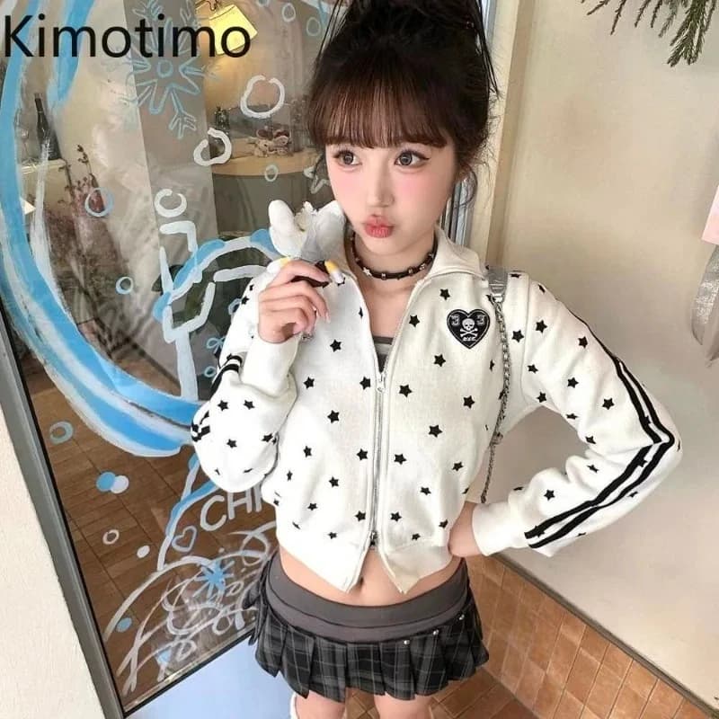 Kimotimo American Retro Star Printed Sweatshirt Women Spring Embroidery Long Sleeve Zipper Coat Sweet Casual Slim Y2k Crop Top
