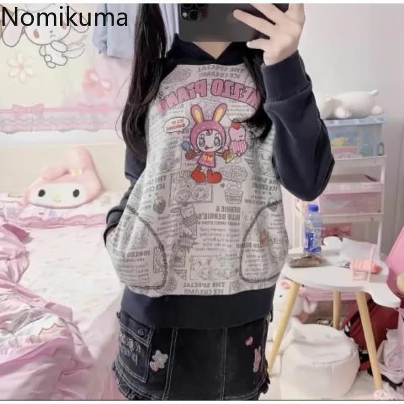 Japanese Hoodies for Women Cartoon Print Sweet Sweatshirts 2025 Ropa Mujer Yk2 Tops Streetwear Hooded Fashion Casual Cute Hoodie