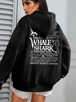 Creative Whale Shark With Letters Print Woman'S Streetwear Soft Trendy Hoodies Solid Color Warm Clothes Loose Hip Hop Hoody