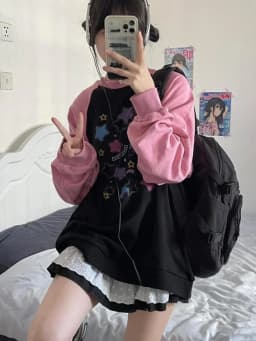 Y2k Aesthetics O Neck Hoodies Harajuku Contrast Color Star Letter Pullover Patchwork Sweatshirt Oversized Mall Goth Streetwear