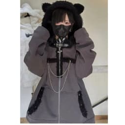 Japanese Kawaii Y2k Aesthetic Women Chain Gothic Cat Ears Hoodies Coat Patchwork Grunge Hoody Harajuku Vintage Zip Sweatshirts
