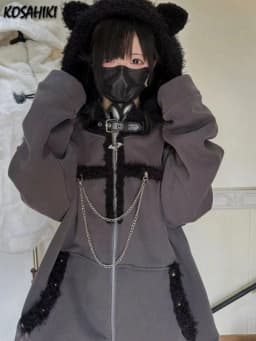 Japanese Kawaii Y2k Aesthetic Women Chain Gothic Cat Ears Hoodies Coat Patchwork Grunge Hoody Harajuku Vintage Zip Sweatshirts