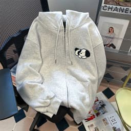 Gray Cartoon Puppy Printed Sweatshirts Y2K Zip Up Hoodies Women Aesthetic Autumn Vintage Oversized Hoodies With Pockets Teens