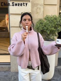 Fashion Contrasting Striped Zipper Knitted Cardigans Women Loose Stand Collar Long Sleeved Coat 2026 Autumn Winter Lady Outwear