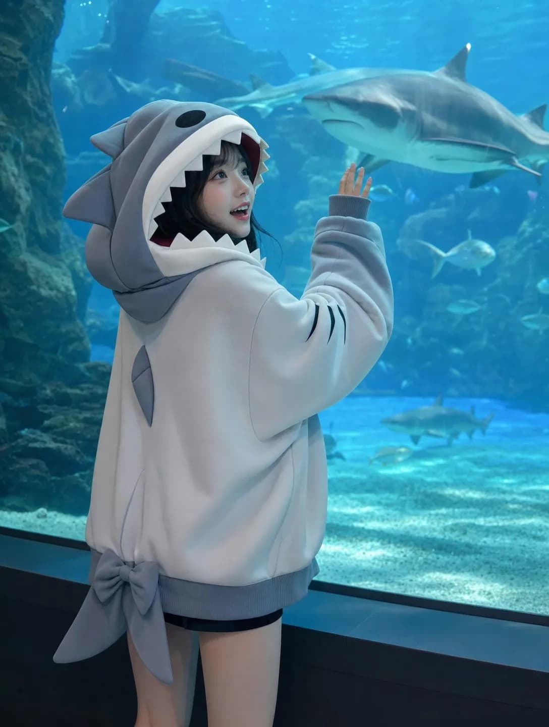 Womens Oversized Shark Hoodie White Blue Heavy Tail Bow Detail Fixed Streetwear Casual Fashion Zip Up Pullover Jacket Coat Y2K