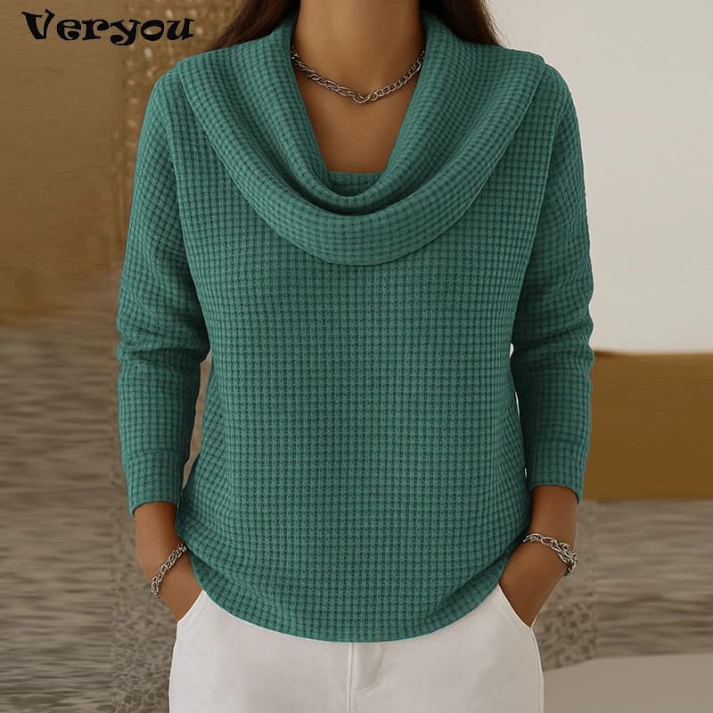 Fashion Pile Collar Long Sleeve Sweatshirt Women Casual Loose Blouse Women Autumn Winter Waffle Pullover Tops