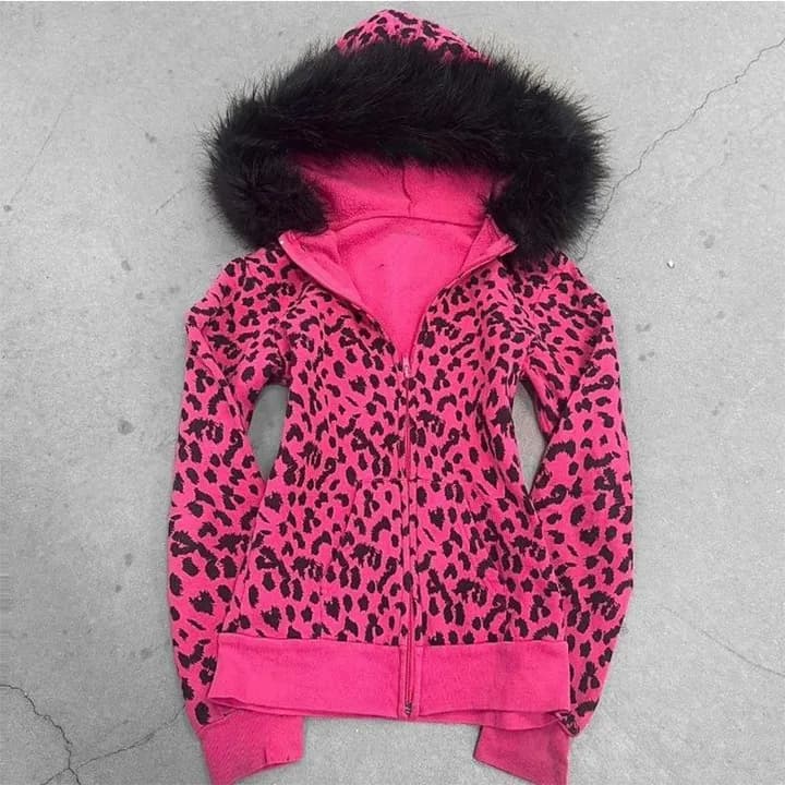 Fashion Cute Leopard print Y2K Hooded sweatshirt Streetwear High street Casual Clothes Chic Unique Classic Minimalist Cool Top