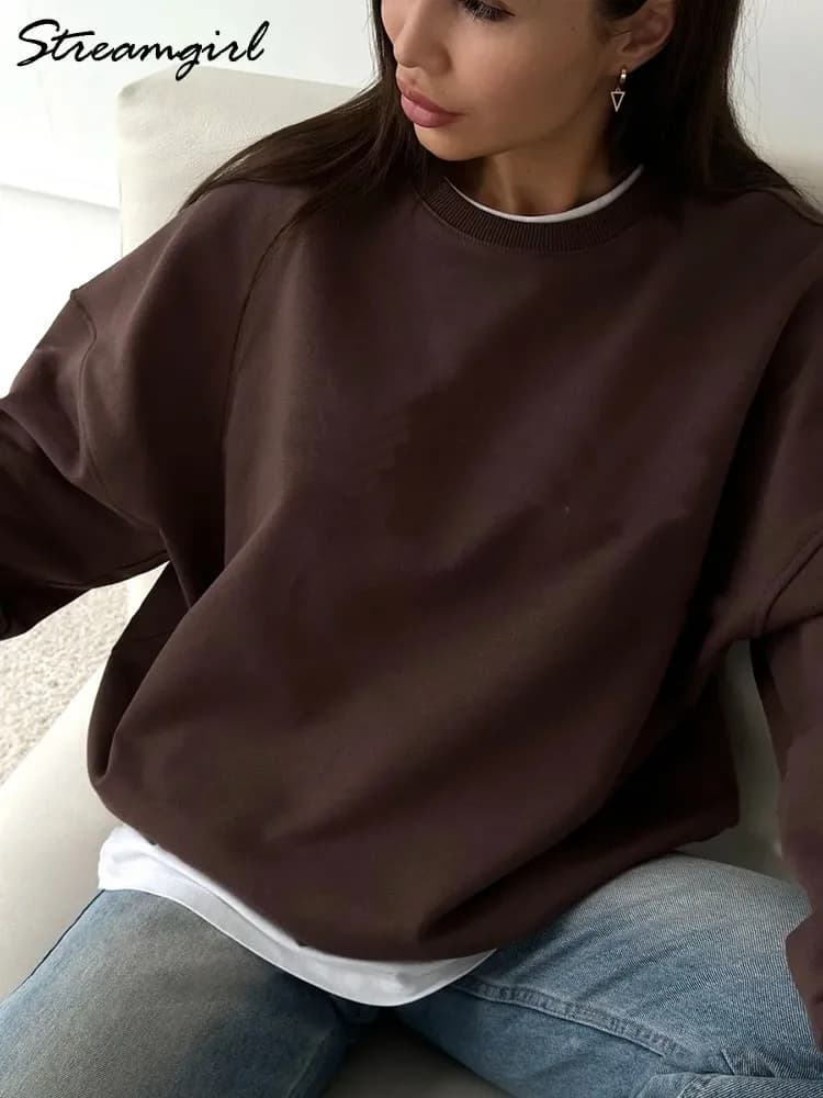 Streamgirl Women Fleece Sweatshirts Autumn Winter Loose O Neck Brown Velvet Pullovers Red Warm Fleece Sweatshirts Women Couple