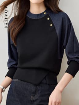 Aoaiiys Hoodies Women O Neck Button Decor Sweatshirt Contrast Color Spliced Pullovers Spring Autumn Vintage Casual Sweatshirts