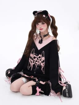 Temperament Vintage Sweet Fake Two Pieces Bow Printed Loose Sweatshirts Women Off Shoulder Hottie Streetwear Women Y2k Top