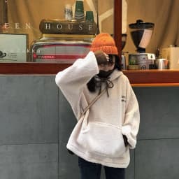 Lamb Velvet Hooded Sweatshirt Women's Autumn Winter New Loose Korean Version Student Top Coat Crew Neck Print Casual Streetwear