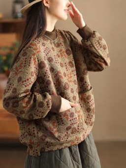Vintage Print Cotton Linen Women Sweatshirt Fashion Patchwork Thicken Loose Pockets Literary Elegant Simple Cozy Female Pullover