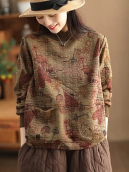 Vintage Print Cotton Linen Women Sweatshirt Fashion Patchwork Thicken Loose Pockets Literary Elegant Simple Cozy Female Pullover