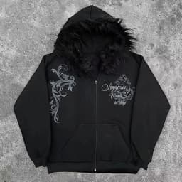 Dark Faux Fur Collar Harajuku Punk Y2K Zip up hoodie High street Skull Zipper Hoodie sweatshirt Retro Hip Hop Top Gothic Jacket
