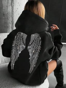 2026 Glitter Angel Wings Hoodie Women's Street Loose Long Sleeve White Pullover Fashionable 2000 Harajuku Casual Sweatshirt