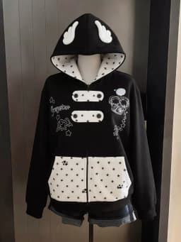 Vintage Kawaii Long Sleeve Loose Coat with Hooded Women Japanese Cute Zipper Sweatshirts Female Casual Y2k Jacket Overcoat Chic