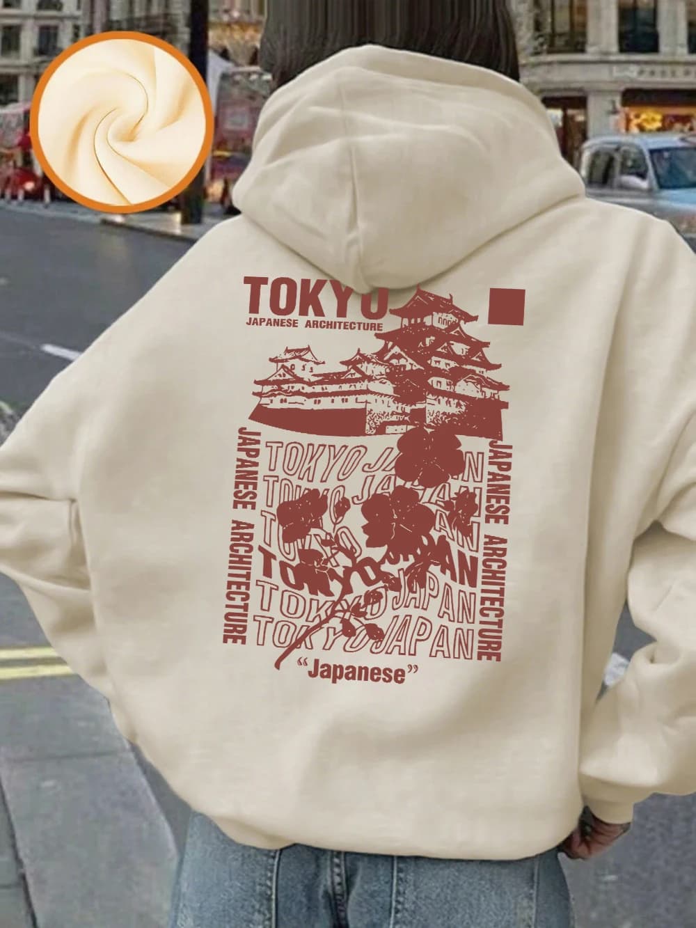 Japanese Tokyo Sakura Printing Hoodies Women Basics Loose Sweatshirt Winter Fleece Warm Pullover Street Casual Woman Clothes