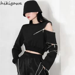 2025 Ropa Mujer Cropped Tops Fashion Hoodies Women O-neck Long Sleeve Zipper Pullovers Chic Hollow Out Sexy Korean Sweatshirt